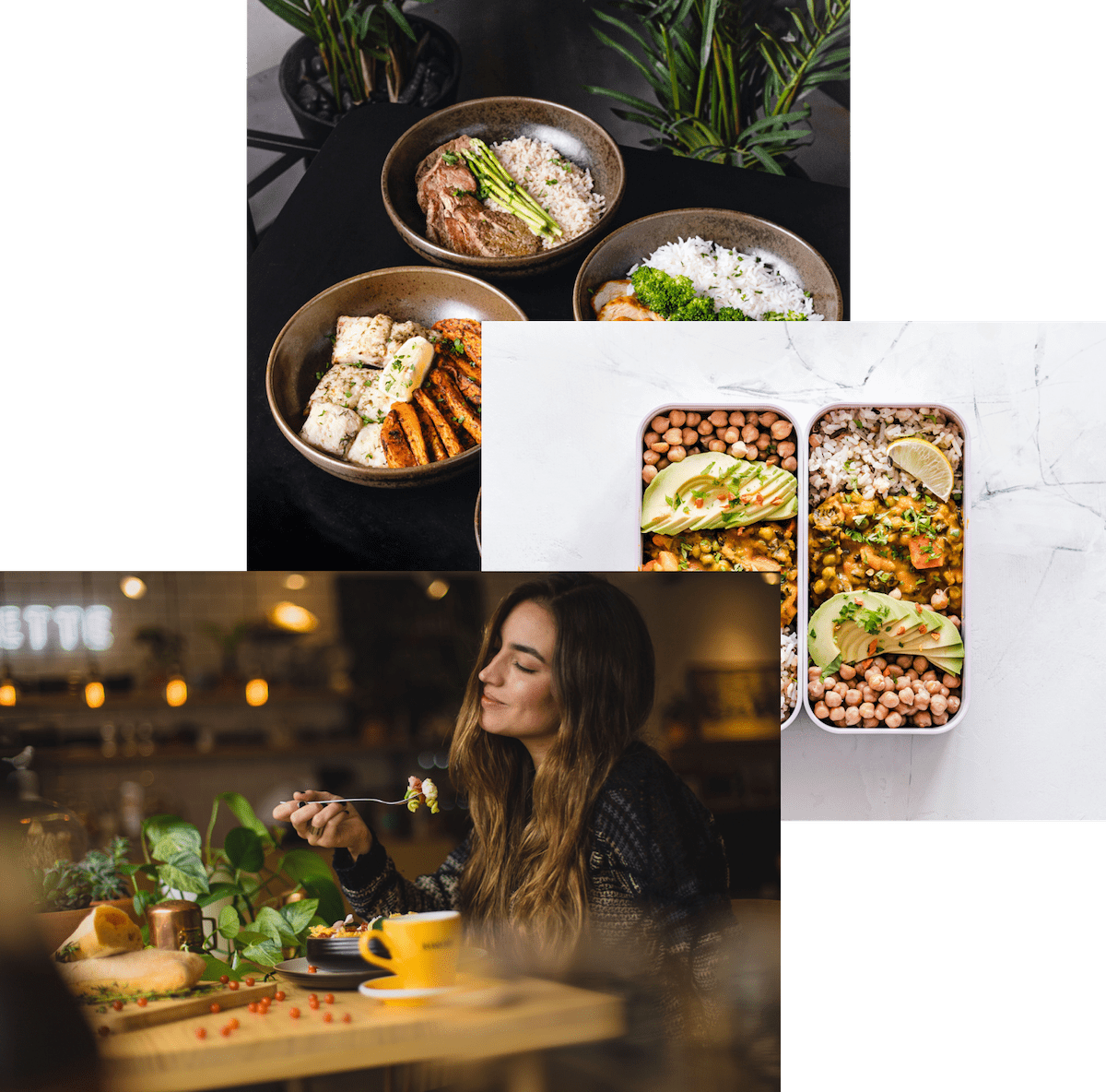 Woman enjoying food ,meals in storage container, food bowls on table